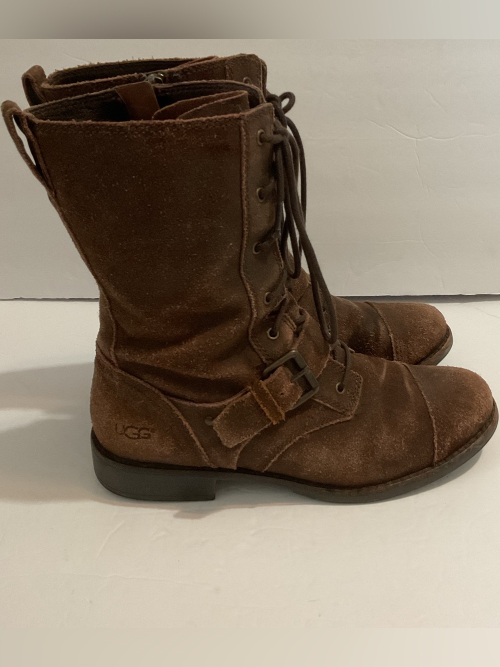 UGG Marela Distressed Lace-Up Combat Boots Brown Suede Boho Sherpa Insoles Sz 9
